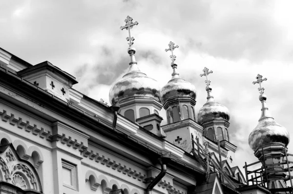 Graustufenaufnahme Mit Niedrigem Winkel Der Kathedrale Der Muttergottes Von Wladimir — Stockfoto