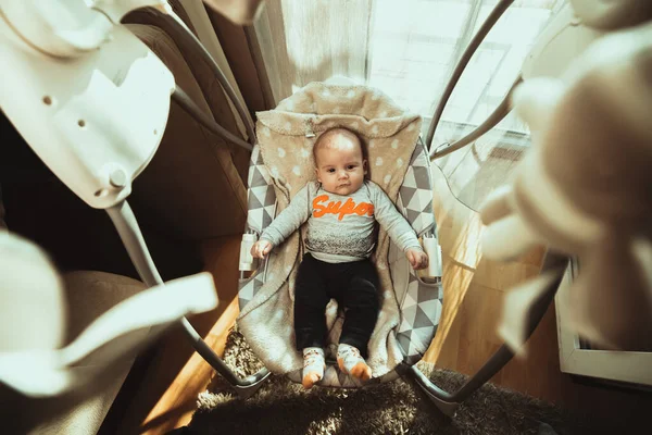 Overhead Shot Cute Newborn Kid Lying Small Bed Sunny Roompp — Fotografia de Stock