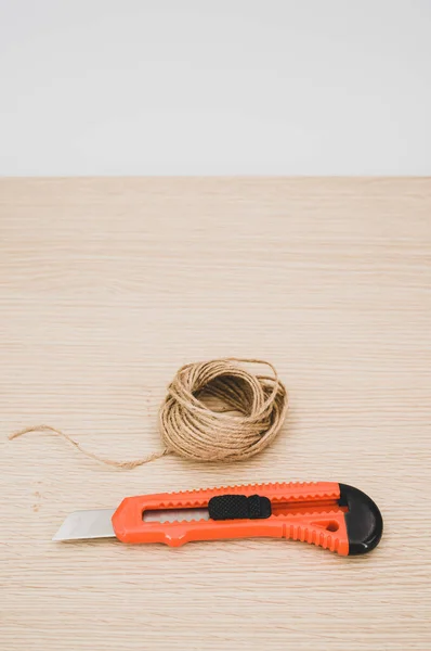 Decorative Cord Orange Cutter Wooden Worktop Text Space — стоковое фото