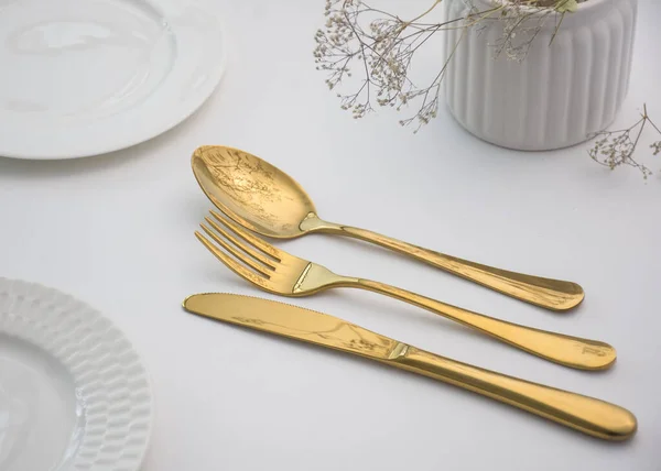 Set Gold Cutlery Service — Stock Photo, Image