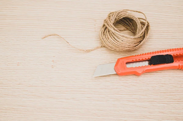 Decorative Cord Orange Cutter Wooden Worktop Text Space — Stock Photo, Image