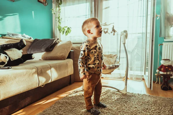 Shallow Focus Cute Toddler Wearing Shirt Pandas Sunny Room — Photo