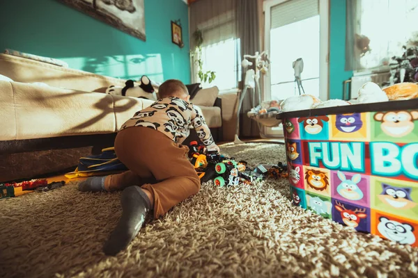 Чарівний Малюк Сорочкою Панди Грає Іграшками Підлозі Сонячній Кімнаті — стокове фото