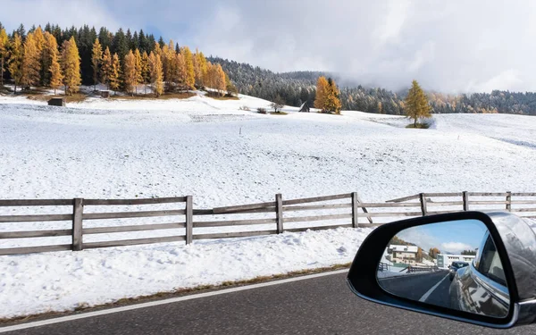 Shot Move Driver Window Electric Car Snow Covered Alps Mountains — Fotografia de Stock