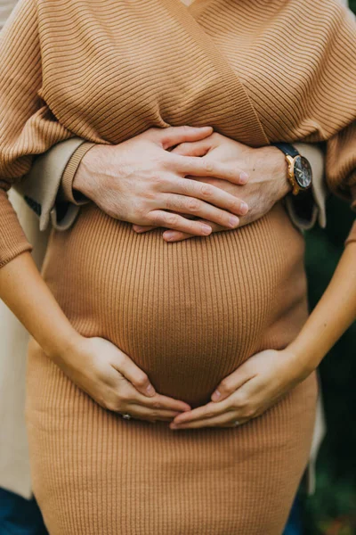 一个男人抱着肚子的孕妇的垂直镜头 — 图库照片