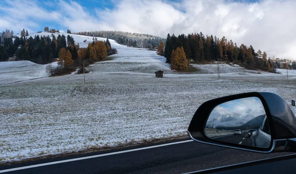 Shot Move Driver Window Electric Car Snow Covered Alps Mountains — Fotografia de Stock