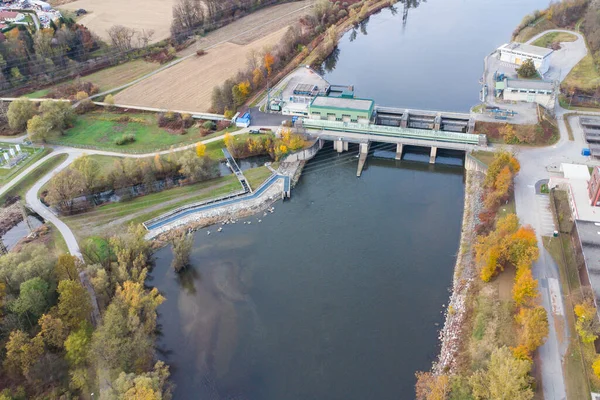 Vista Aérea Una Central Hidroeléctrica Río Mur Cerca Graz Austria —  Fotos de Stock