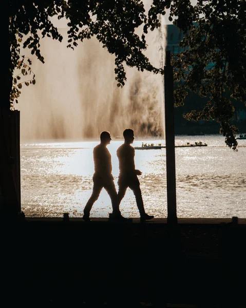 Tiro Vertical Das Silhuetas Dois Homens Caminhando Longo Lago Parque — Fotografia de Stock