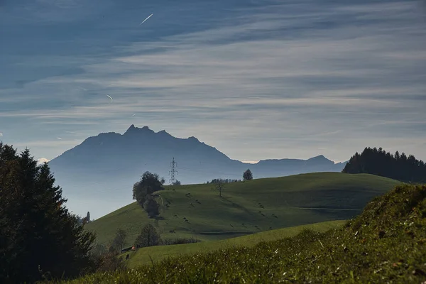 Una Collina Verde Con Una Montagna Sullo Sfondo Root Svizzera — Foto Stock