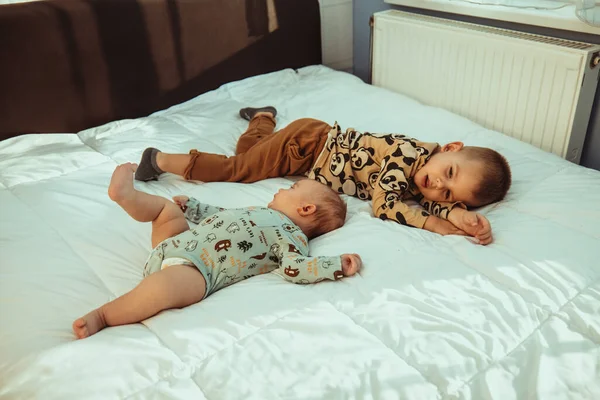 Adorable Toddler Lying Bed His Cute Newborn Sibling — Fotografia de Stock