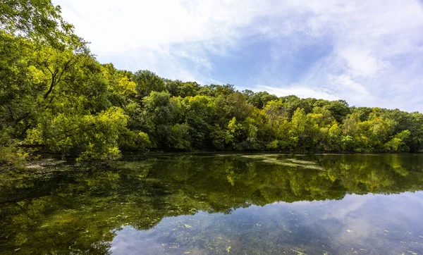 ミネソタ州の濃い緑の木々に囲まれた反射性の澄んだ湖カーバーの美しい景色 — ストック写真