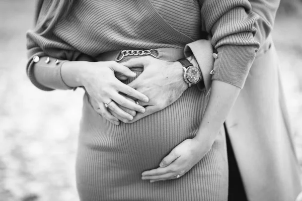 Grey Scale Detailní Záběr Těhotné Ženy Mužem Objímající — Stock fotografie