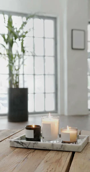 Heimelige Brennende Kerzen Konzept Für Komfort Spiritualität Und Dekoration Symbol — Stockfoto