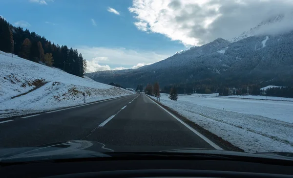 Shot Move Windshield Electric Car Snow Covered Alps Mountains Cold — стоковое фото