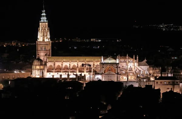 Vista Nocturna Catedral Iluminada Toledo España —  Fotos de Stock