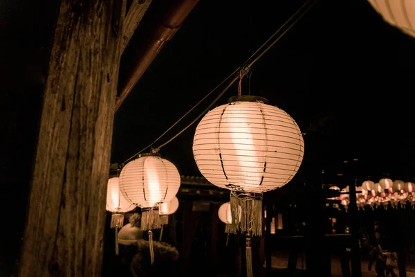 Closeup Glowing Paper Lanterns Illuminated Streets Lantern Festival Okinawa Japan — стоковое фото