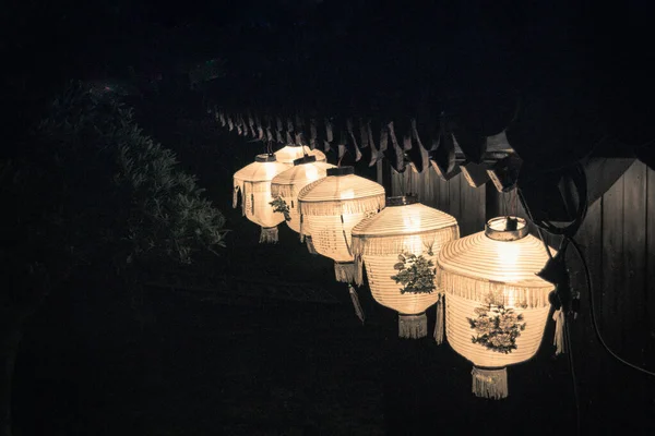 Closeup Glowing Paper Lanterns Illuminated Streets Lantern Festival Okinawa Japan — стоковое фото