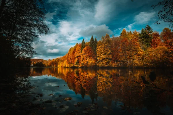 Jezioro Odzwierciedlające Kolorowe Jesienne Liście Piękny Jesienny Krajobraz — Zdjęcie stockowe
