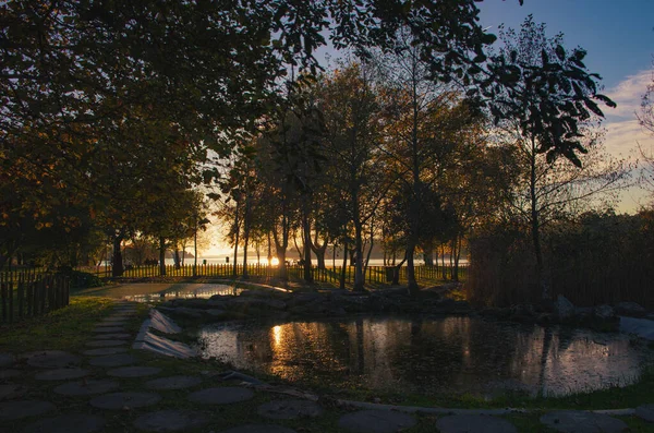 Małe Jeziorko Parku Pod Zachodem Słońca Niebo — Zdjęcie stockowe