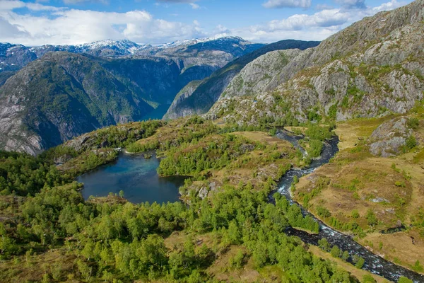 Landscape Rocky Mountains Covered Greenery Sunlight Akrafjorden Norway — Foto Stock