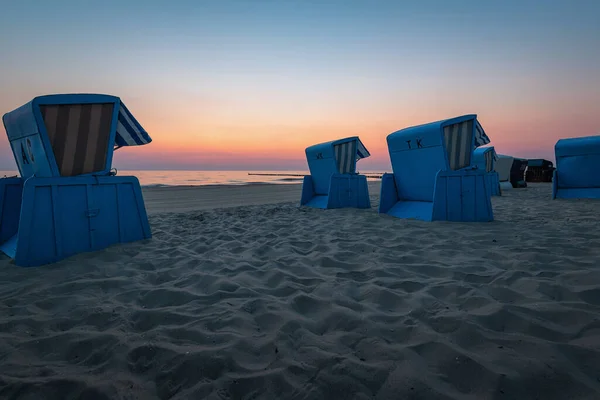 Hooded Beach Chairs Sand Gleaming Sunrise — Stock Photo, Image