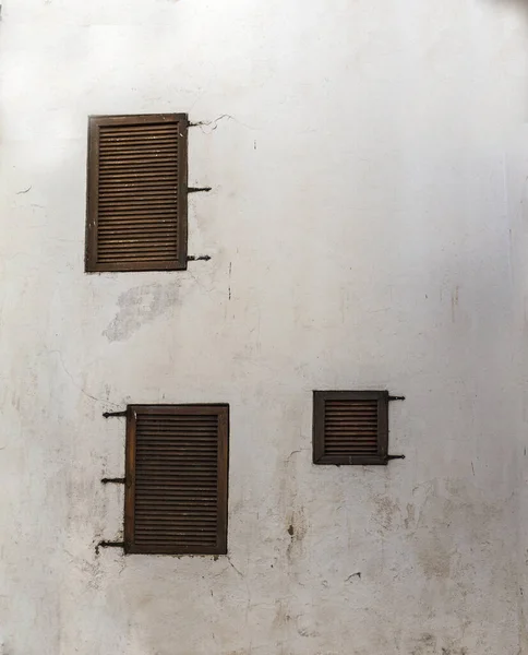 Three Windows Wooden Shutters House White Exterior Walls — Foto Stock