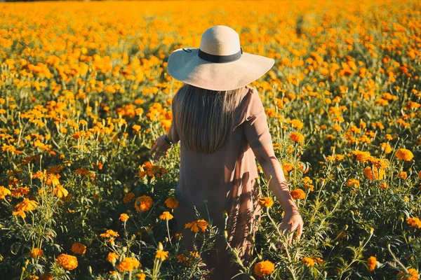Rear View Woman Walking Beautiful Field Orange Flowers Countryside — Fotografia de Stock