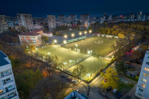 Légi Felvétel Labdarúgó Stadionok Éjszaka Szófiában Bulgária — Stock Fotó