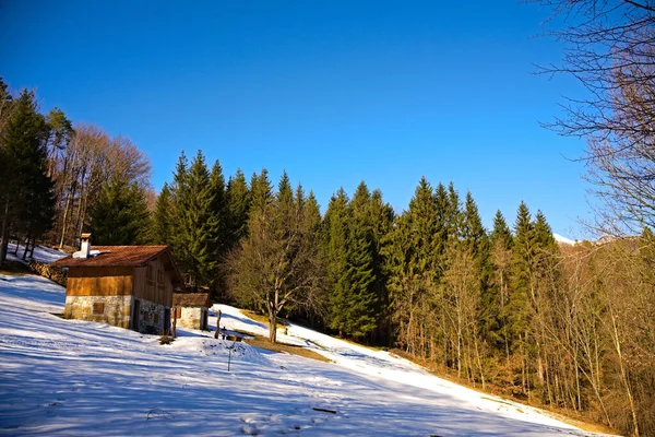 Beautiful View Small Wooden House Mountain Partly Covered Snow Fir — 图库照片