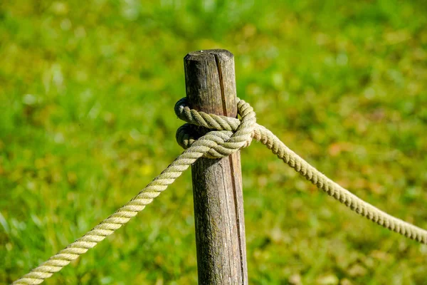 A closeup of a rope tied to fences in a park outdoors