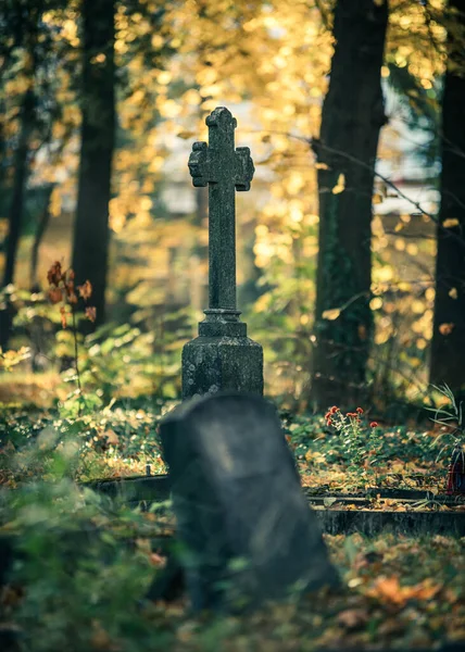 Opole Polonia Ottobre 2021 Colpo Verticale Cimitero Cattolico Abbandonato Autunno — Foto Stock