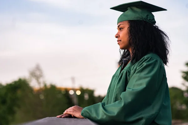 Closeup Graduate Student Graduation Outfit Dreaming Her Future — Foto Stock