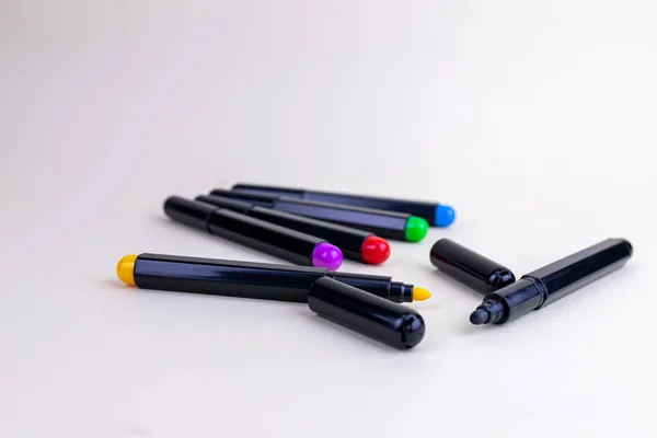 Closeup Colorful Markers Isolated White Background — Stock Photo, Image