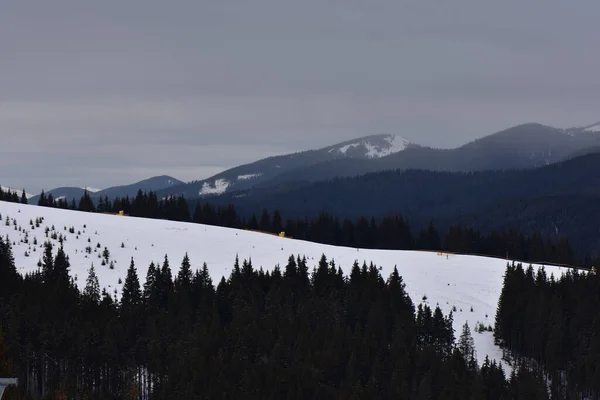 一个迷人的冬季风景 高山上有雪和松树 — 图库照片