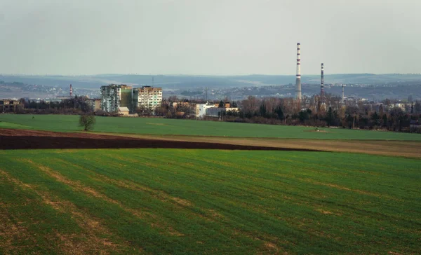 Moldavian Landscape Green Field Industrial Chimneys Power Plant — Stock Fotó