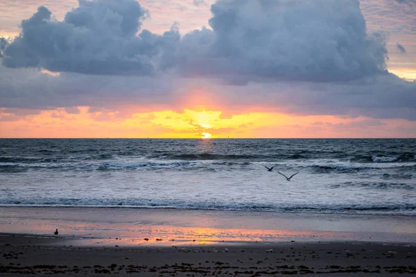 Захватывающий Вид Многоцветный Закат Море Песчаного Пляжа Золотой Час — стоковое фото