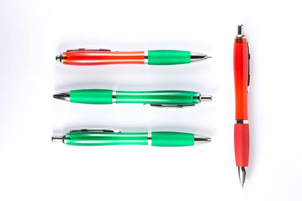 Four Pens Green Red Colors White Surface — Foto Stock