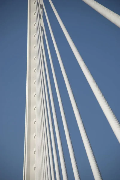 Architectural Background Thick White Steel Ropes Bridge Valencia Spain Catalonia — Stock Photo, Image