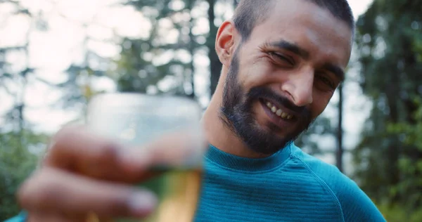 Candid Shot South Asian Man Holding Glass Wine Toast — 图库照片