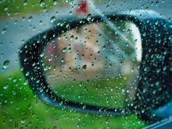 Rainy Day View Out Car Window Water Droplets Glass — стоковое фото