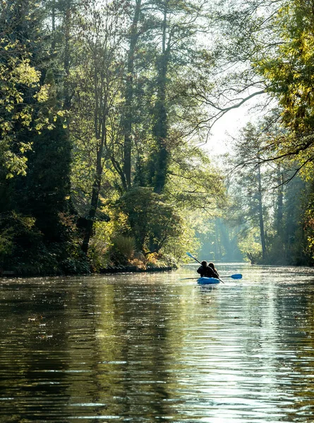 Pandangan Kembali Terhadap Orang Orang Yang Berkayak Kanal Lubbenau Dikelilingi — Stok Foto