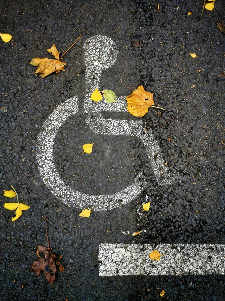 Beautiful Shot Autumn Leaves Ground Disabled Bays Sign — 图库照片