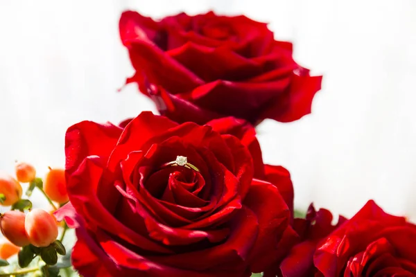 Egy Közeli Kép Vörös Rózsákból Egy Eljegyzési Gyűrűből Szerelem Szimbóluma — Stock Fotó