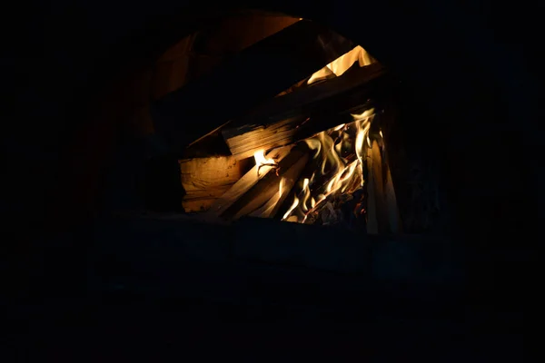 Fireplace Burning Wood Pieces Night — Stockfoto