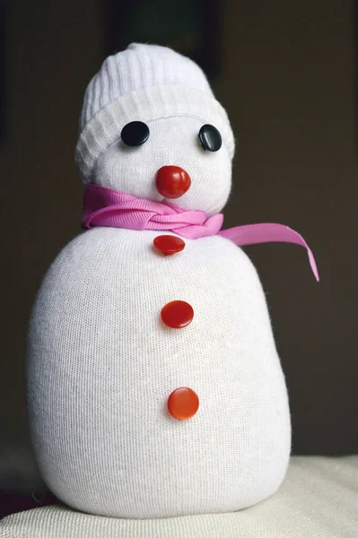 Vertical Shot Stuffed Cotton Snowman Doll Red Buttons Pink Scarf — Stockfoto