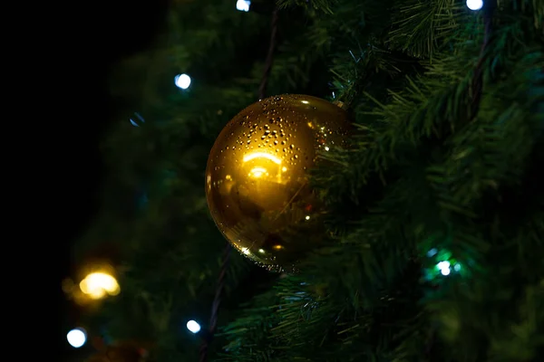 Close Shot Gold Colored Shiny Christmas Ornament Christmas Tree — стоковое фото