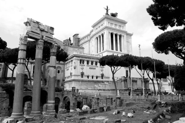 Beautiful Black White Shot Roman Forum Three Columns Temple Castor — стоковое фото