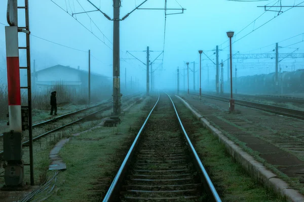 Sisli Bir Günde Tren Yolu Elektrik Direkleri — Stok fotoğraf