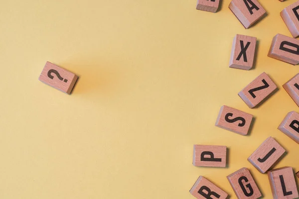 Question Mark Taken Pile Wooden Letter Blocks Yellow Background Copy — Foto Stock