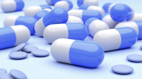 Medicamentos Cápsulas Azules Pastillas Antivirales Covid Ilustración — Foto de Stock